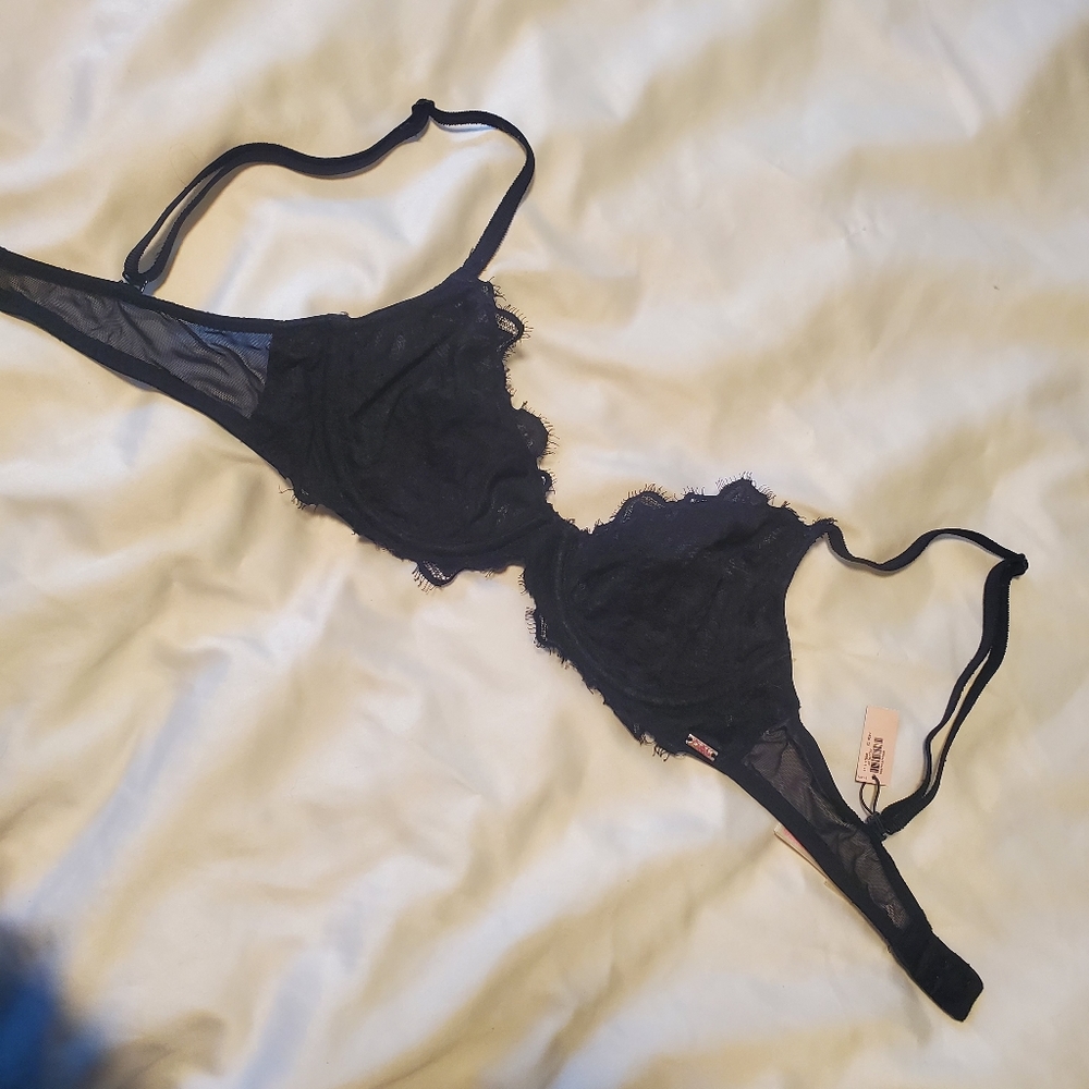 PINK Black lace mesh unlined bra